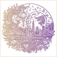 lunar new year Chinese dragon Dragon with round shield  out vector silhouette
