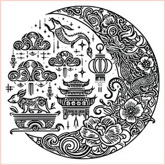 lunar new year Chinese dragon Dragon with round shield  out vector silhouette
