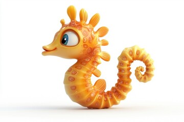 Fototapeta premium A 3D cartoon seahorse character, isolate on white background, with playful and whimsical features.