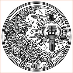lunar new year Chinese dragon Dragon with round shield  out vector silhouette