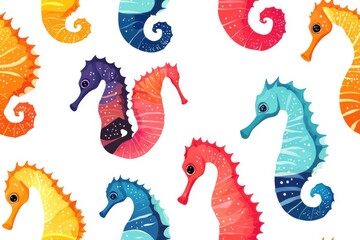 Naklejka premium Flat style seamless pattern of seahorses, isolate on white background.