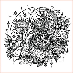 lunar new year Chinese dragon Dragon with round shield  out vector silhouette