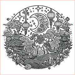 lunar new year Chinese dragon Dragon with round shield  out vector silhouette