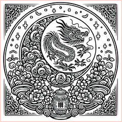 lunar new year Chinese dragon Dragon with round shield  out vector silhouette
