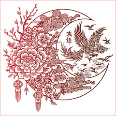 lunar new year Chinese dragon Dragon with round shield  out vector silhouette