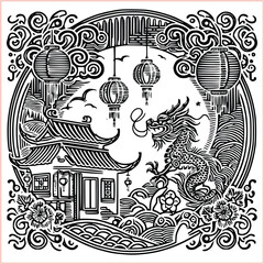 lunar new year Chinese dragon Dragon with round shield  out vector silhouette