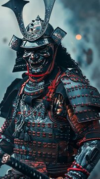 a samurai wearing an oni mask and futuristic samurai armour
