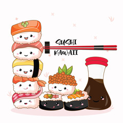 A cute stack collection of kawaii-style sushi. Featuring traditional Japanese dishes with a cute faces.