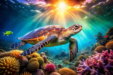 Obraz premium Sea Turtle Swimming Near Vibrant Corals in Crystal Clear Waters - Underwater Exploration Photography