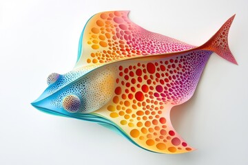 A multicolored paper art stingray, isolate on white background, highlighting creative textures and colors.