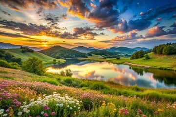 Serene Landscape with Pastel Tones and Majestic Mountains - Tranquil Nature Scene for Relaxation