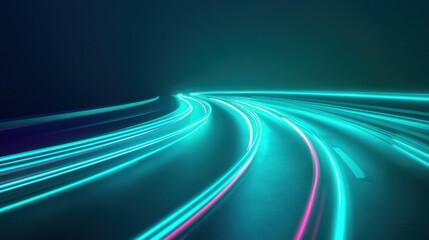 Gradient of teal to emerald neon road speed. Light abstract laser trace from the movement of cars. LED curves fast strips. 