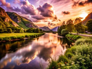 Serene Mountain Landscape with Tranquil River at Sunset - Nature Photography