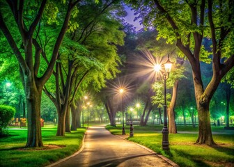 Obraz premium Serene Morning Sunlight Through Green Leaves in Park - Nature's Tranquil Beauty
