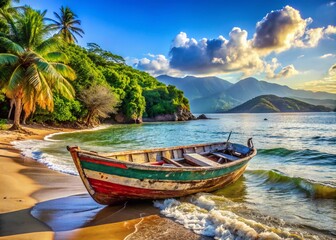 Obraz premium Serene Old Fishing Boat at Bonete Beach, Ilhabela - A Coastal Paradise