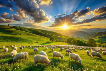 Fototapeta premium Serene Pastoral Scene with Sheep Grazing in a Lush Green Field Under a Bright Blue Sky