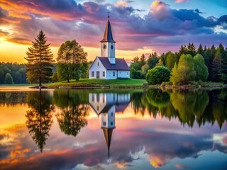 Obraz premium Serene Reflection of a White Scandinavian Church Tower in a Mirrorlike Lake at Dusk