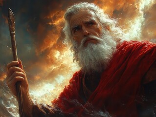 Obraz premium moses dramatically holds out his staff as divine waters part, showcasing an epic scene of faith and miracles against a backdrop of ancient landscapes
