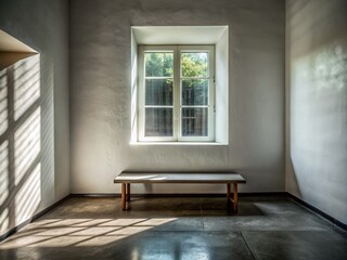 Fototapeta premium Serene Silhouette of a White Wall with Window and Bench – Minimalist Interior Photography