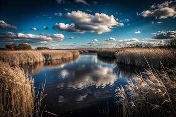 Serene Spring Landscape with Green Grass, Reeds, Lake, and Blue Sky Clouds