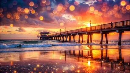Obraz premium Serene sunset views at Jacksonville Florida Pier create a stunning Bokeh effect, blending colors and light for a tranquil and picturesque evening