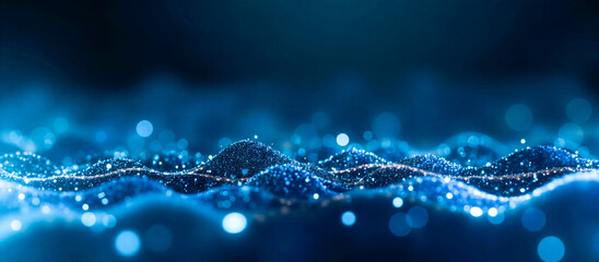 digital wave pattern with sparkling points, colorful abstract data flow representation, dynamic cyberspace landscape, futuristic technology background in blue tones