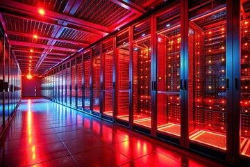 Fototapeta premium Server Racks Illuminated by Red Code in a Modern Data Center - Architectural Photography