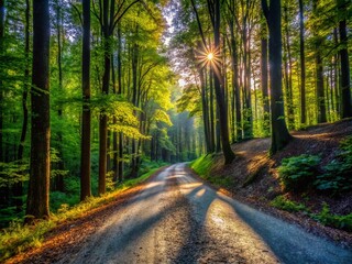 Fototapeta premium Shadows of Trees on Gravel Road in Forest - Nature Photography