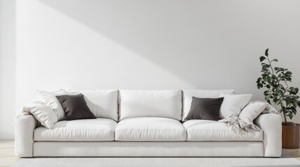 Close up Panorama of armchairs and sofa in natural living room interior with flowers. Ai generated image