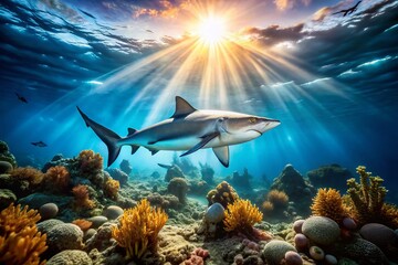 Obraz premium Shark Swimming Gracefully in Blue Ocean Waters – Stunning Underwater Product Photography