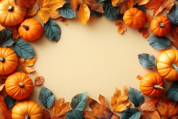 Obraz premium Autumn frame with pumpkins and leaves. Copy space