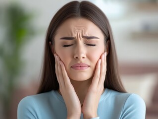 Young woman holding her face in discomfort, showing symptoms of facial pain or toothache, possibly indicating dental or jaw issues.