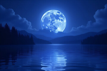 blue, full moon over the lake. Peaceful dreams of purple and silver moonlight over calm waters. Generative artificial intelligence
