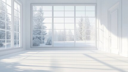 Fototapeta premium White empty room interior design with winter view in the window. Ai generated image