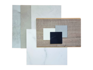 combination of interior material samples contains palette of unique concrete surface laminateds, white marble tile, engineering wooden tile, set of quartzs isolated on background with clipping path.