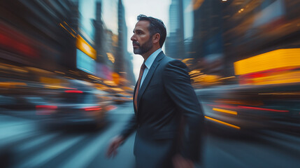 A dynamic businessman walks briskly through a busy downtown street, surrounded by high-rise buildings and city traffic