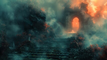 Mystical Stone Archway Leading Through Foggy Forest