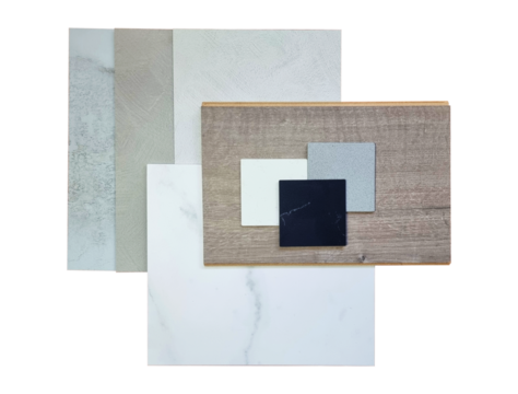 combination of interior material samples contains palette of unique concrete surface laminateds, white marble tile, engineering wooden tile, set of quartzs isolated on background with clipping path.