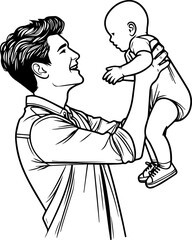 Black Line Art Baby Carried With Parent Hand Drawn Illustration