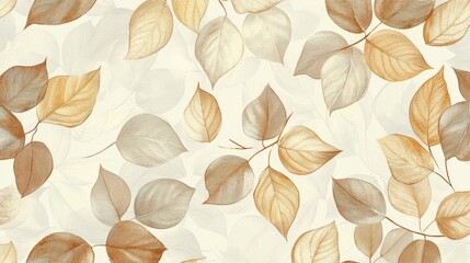 Seamless pattern of brown and beige leaves on a white background.