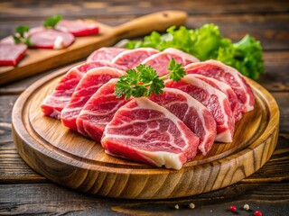 Fototapeta premium Silhouette of Raw Pork Shoulder Slices on Wooden Plate for Shabu Cooking