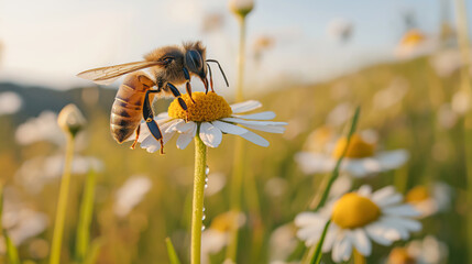 Honeybee collecting pollen on daisy in sunlit meadow