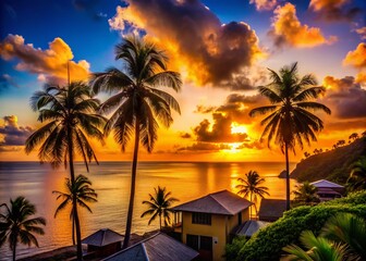 Obraz premium Silhouette of Village of Canaries, Saint Lucia: Caribbean Sunset Beauty