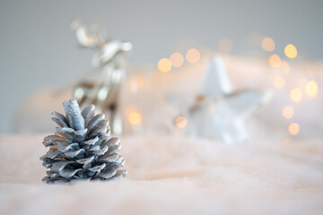 Atmospheric blue and purple christmas greeting card with soft bokeh lights.