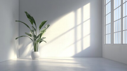 Interior design of white empty room with big houseplant. Ai generated image