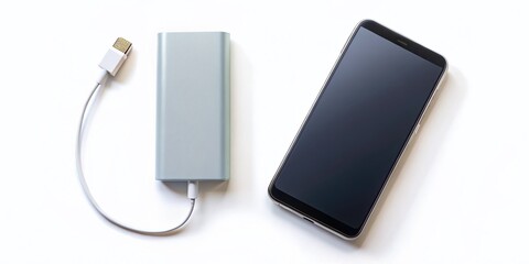 Sleek minimalist smartphone and external battery charging devices showcased on a clean white background, highlighting modern design and functionality