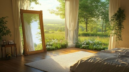 An airy bedroom with a mirror and windows framing a picturesque landscape of meadows and forest