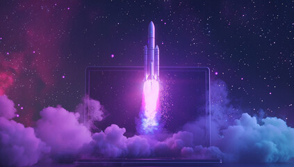 A vibrant rocket blasts off from a laptop screen surrounded by colorful smoke, symbolizing innovation, technology, and startup success in a digital, futuristic world.
