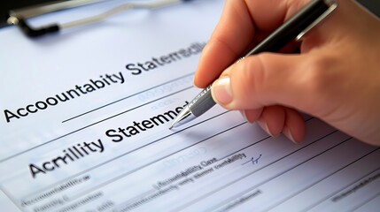 A close-up of a hand signing an official document with a serious expression, representing personal accountability for actions, Accountability