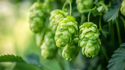 Green hop cones in a lush garden setting